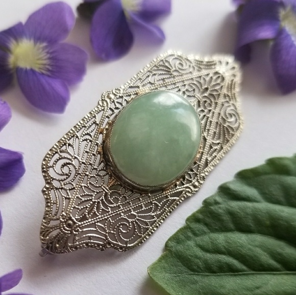 Relisted -Vintage 10k gold Jade brooch pin white Art Nouveau - Picture 6 of 8
